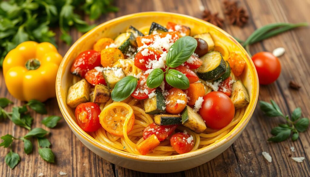 Spaghetti squash with seasonal vegetables